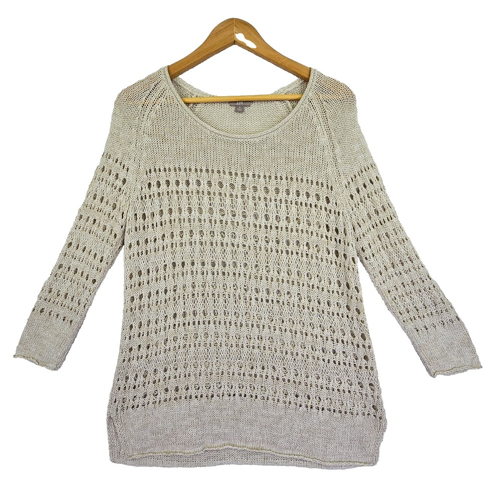 J‎ Jill Linen Blend Open Knit Tunic Sweater Womens M Beige Coastal Boho Chic